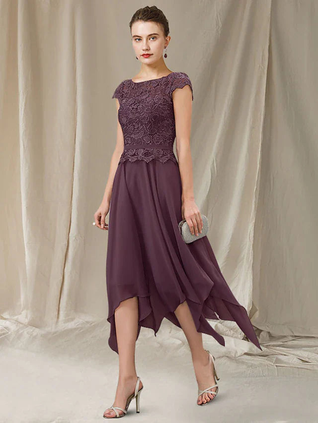 Wholesale A-Line Mother of the Bride Dress Elegant High Low Jewel Neck Asymmetrical Tea Length Chiffon Lace Short Sleeve with Appliques